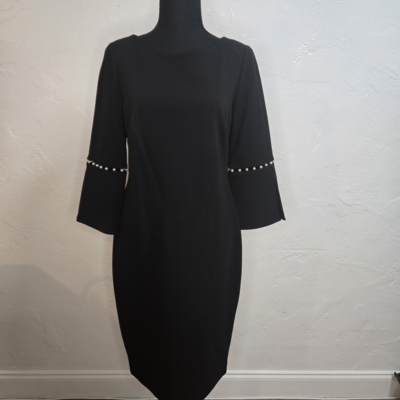 Calvin Klein Sheath Dress Bell Sleeve Pearl Black Ponte Office Women's 10 - Picture 1 of 7